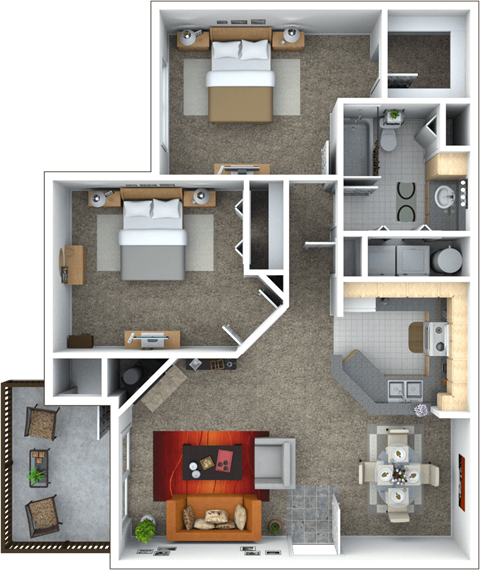 Floor plan for 2 beds, 1 bath, 940 sqft